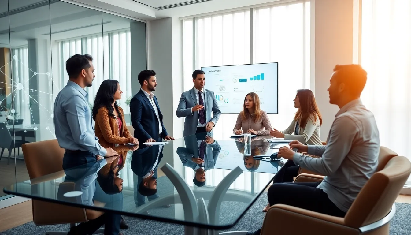 professionals discussing technology in a modern conference room.