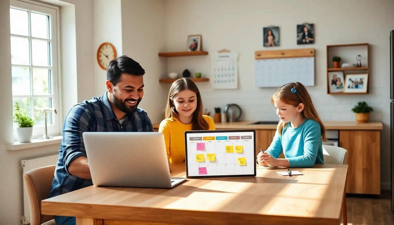 family collaborating on a weekly schedule in a bright kitchen.