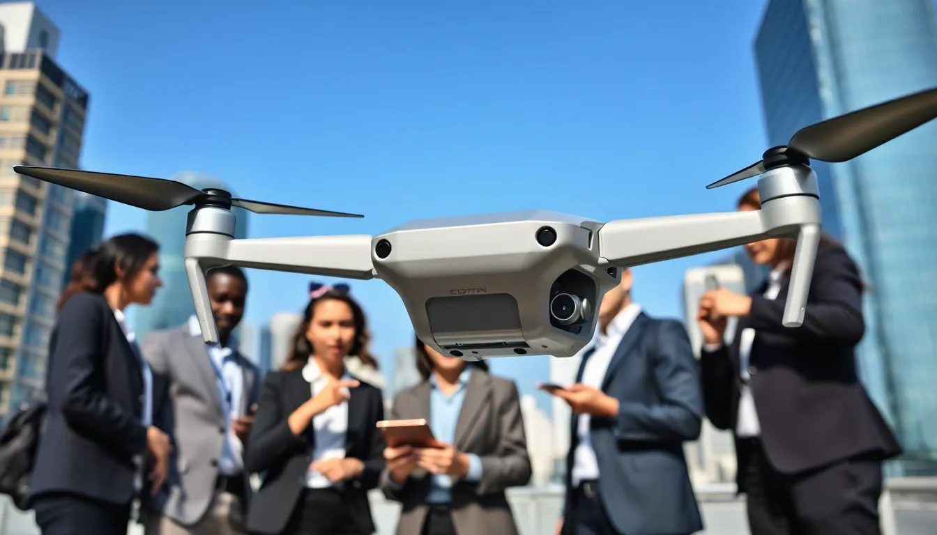 diverse professionals discussing affordable drones in an urban setting.