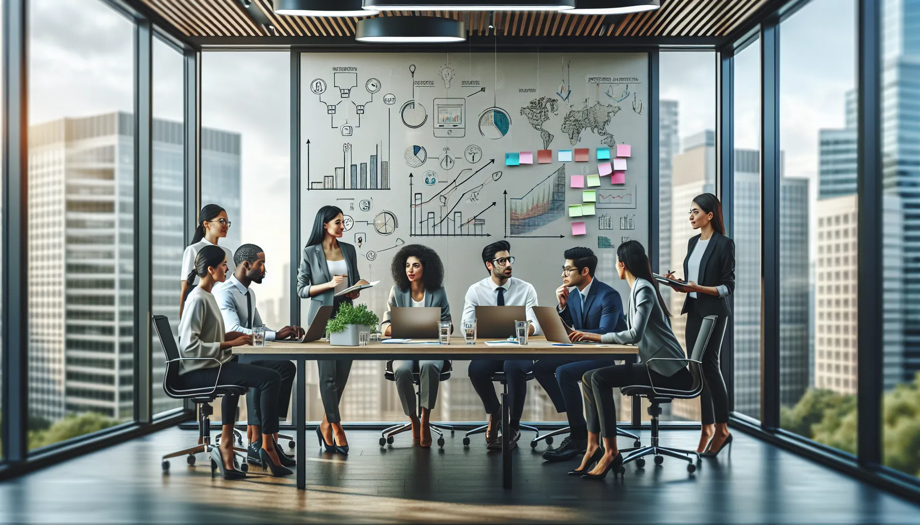 diverse professionals collaborating in a modern meeting room.