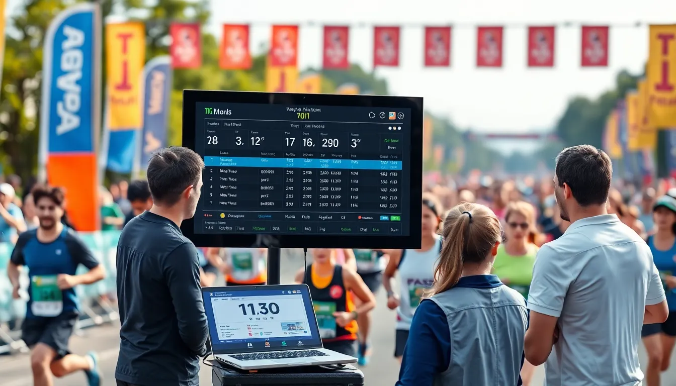 Dynamic race timing interface with participants in an outdoor marathon.