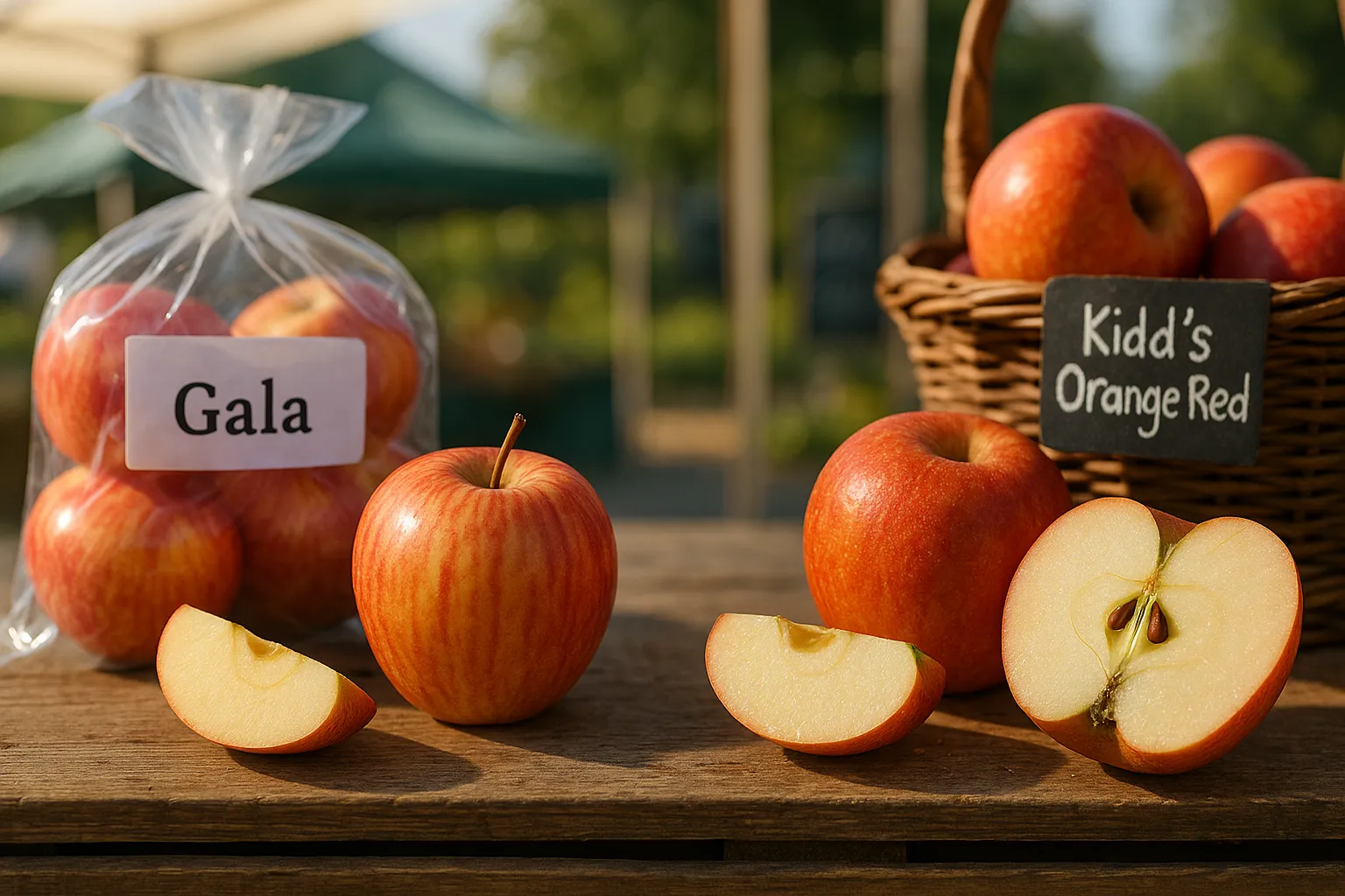 Two apples side-by-side: Gala and Kidd’s Orange Red, one cut open