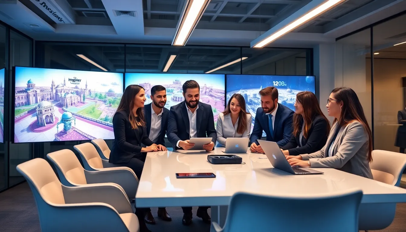 diverse team collaborating on innovative game design in a modern office.