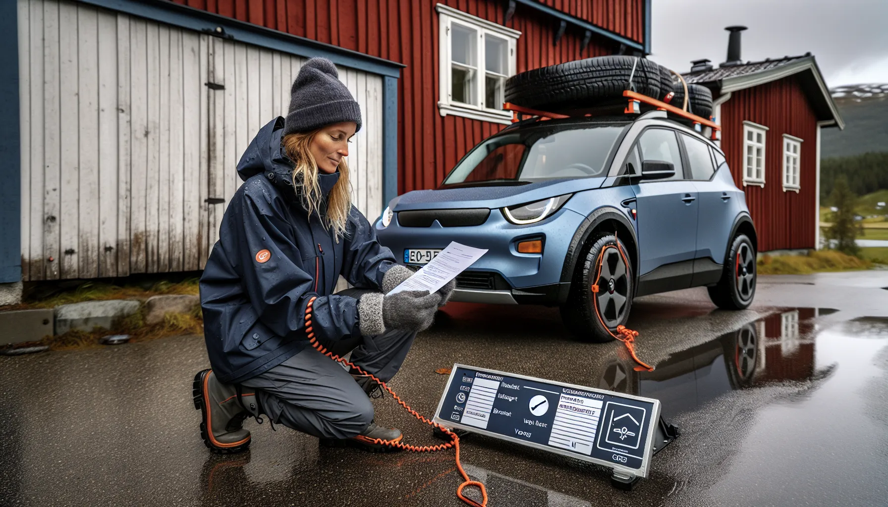Norwegian driver checks vognkort and nose weight before towing with electric suv.
