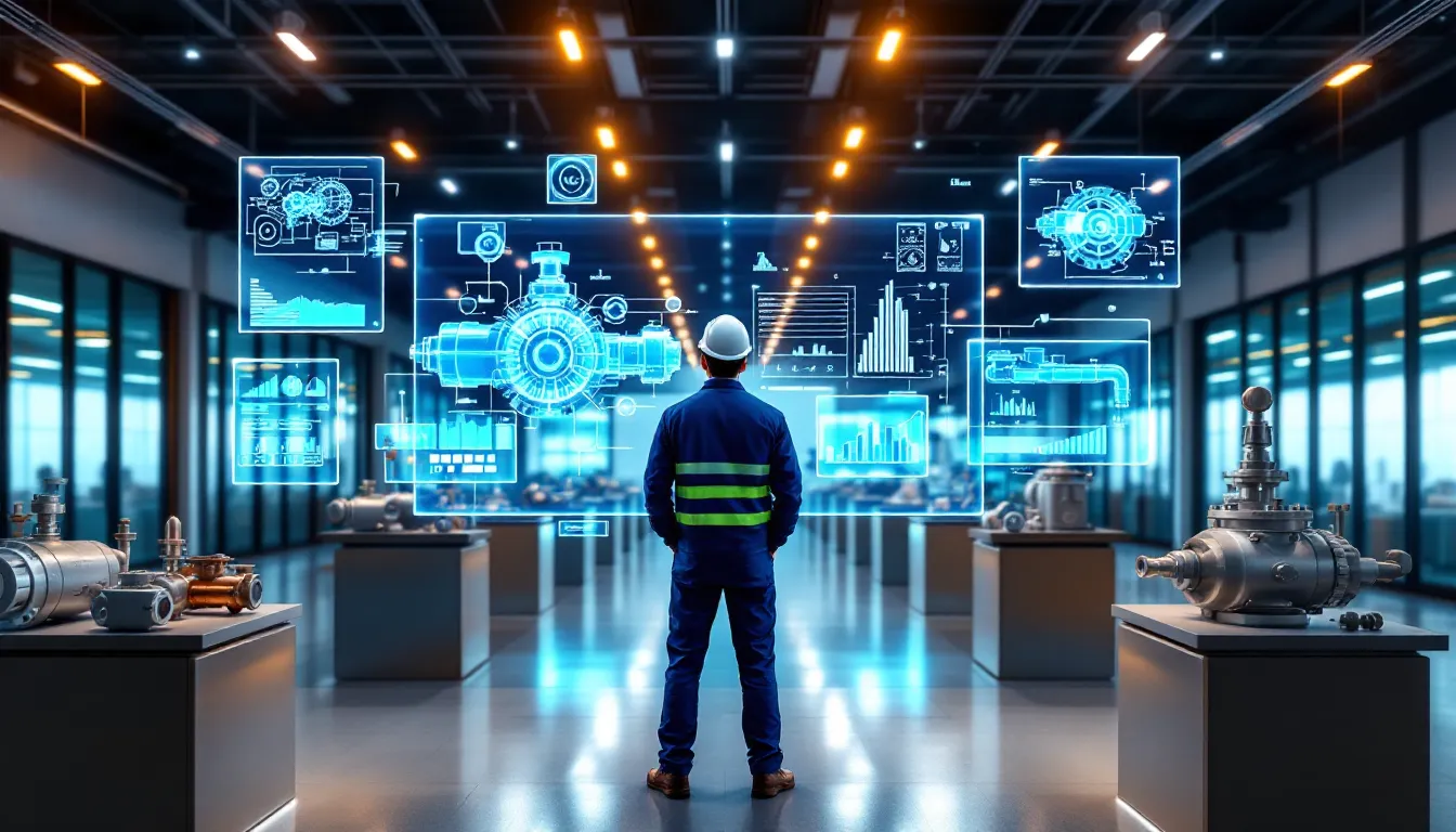 3D render of engineer reviewing holographic industrial equipment specifications