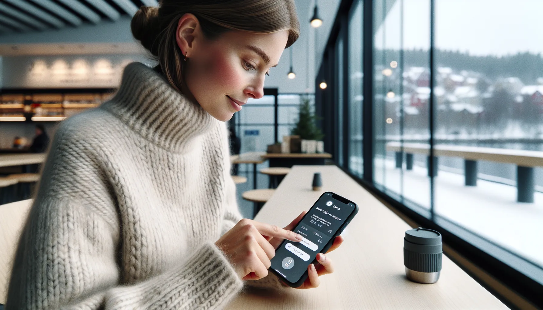 Woman using norwegian membership app in an oslo community hub, winter light.