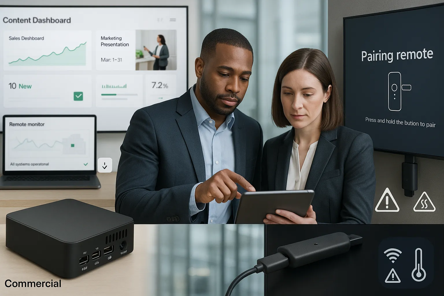 IT team comparing commercial signage players with a consumer Fire TV stick setup.