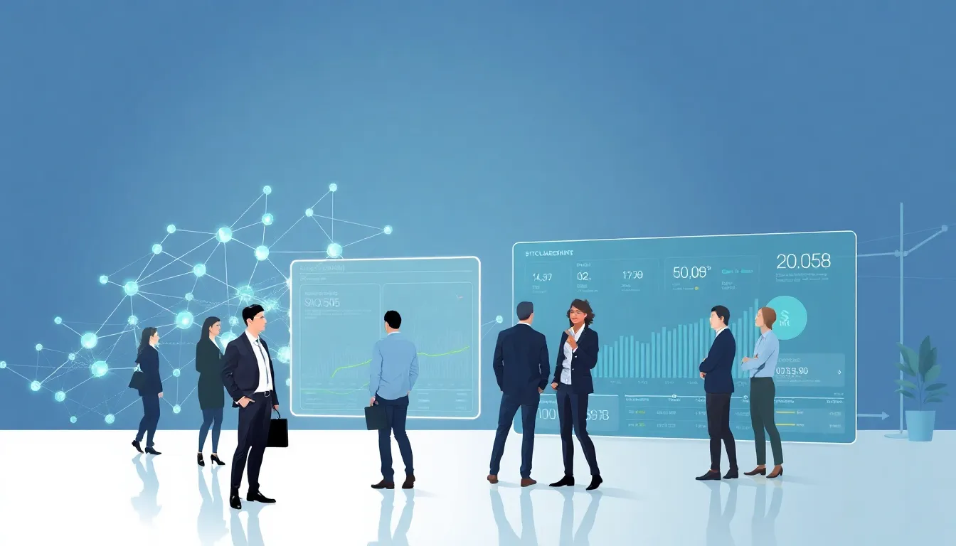diverse professionals discussing cryptocurrency in a modern office.