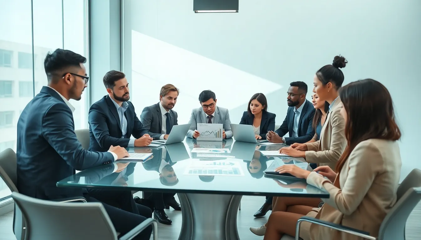diverse team discussing business development services in a modern office.