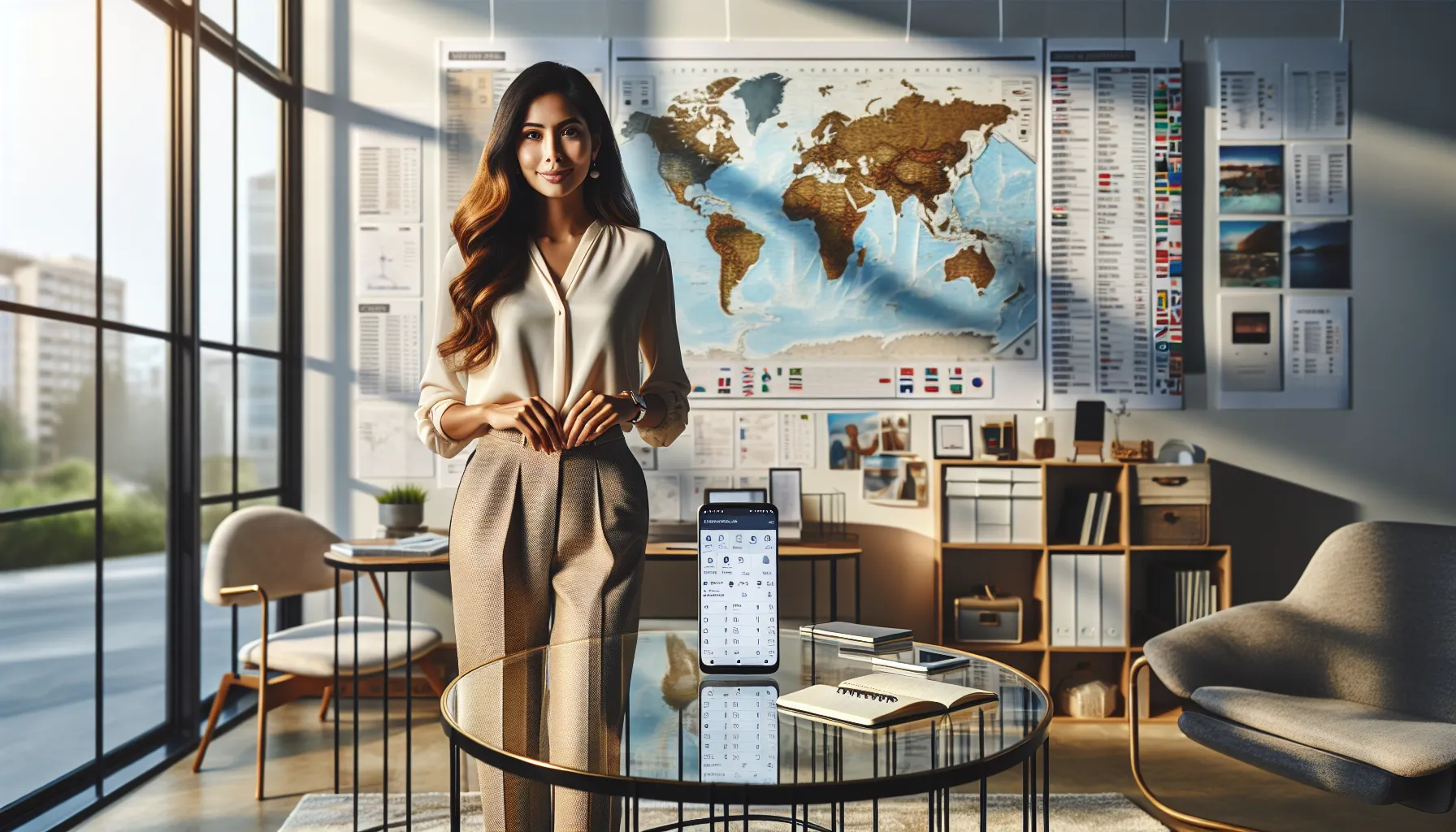 traveler organizing emergency contacts in a modern workspace.