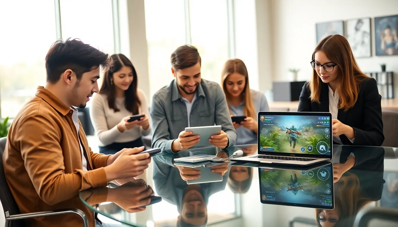 diverse professionals gaming in a modern office setting.