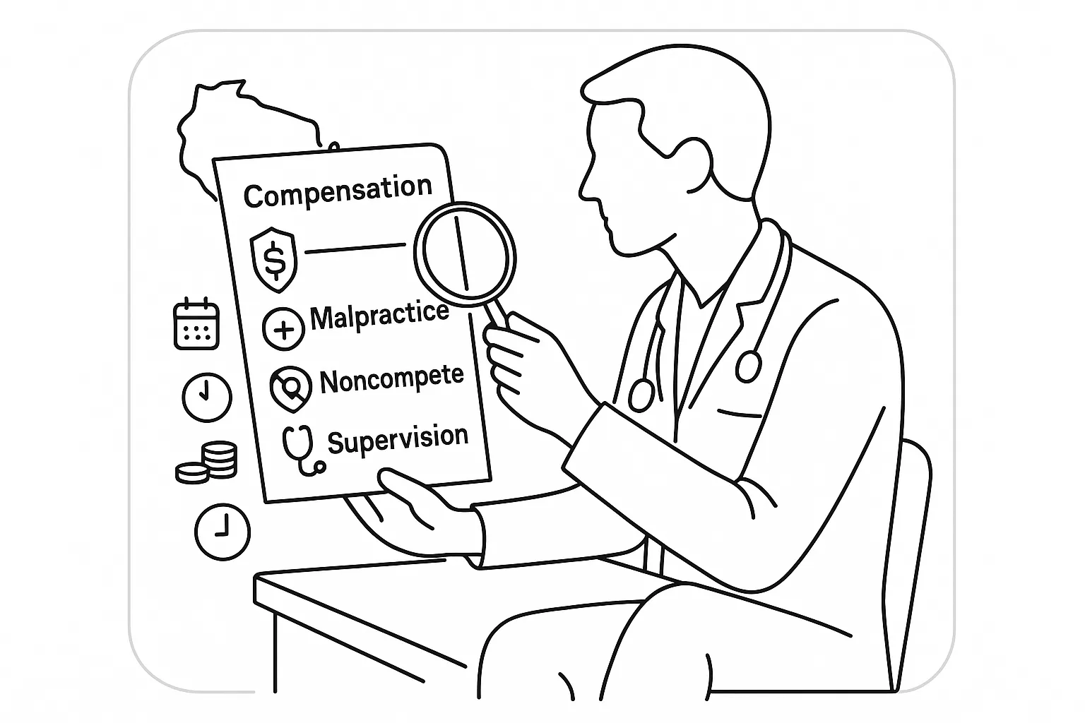 A PA examining a contract with icons for pay, malpractice, noncompete, and supervision.