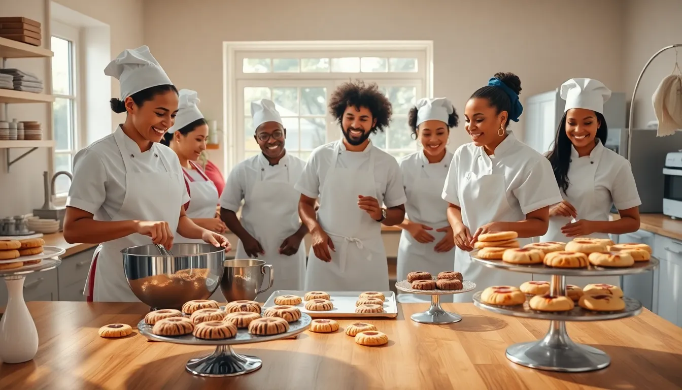 diverse bakers in a cozy kitchen making cookies.