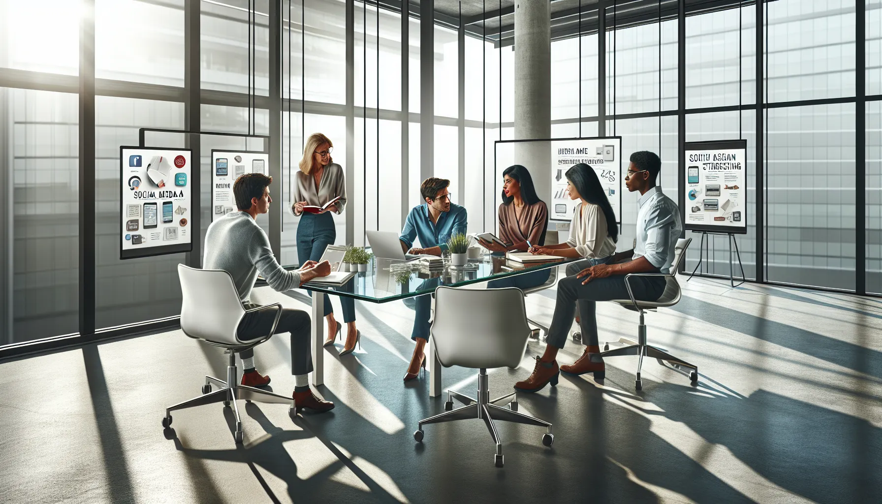 diverse team discussing book marketing strategies in a modern office.