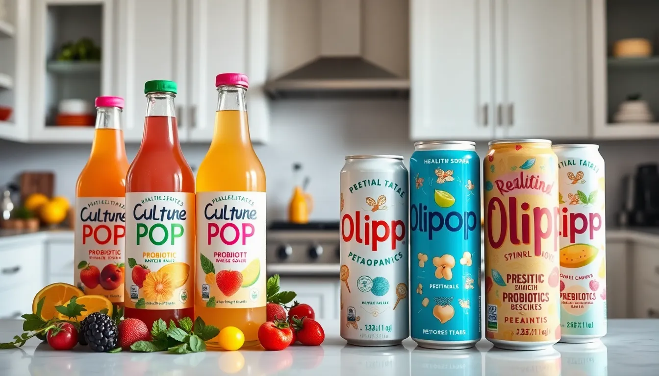 showcasing Culture Pop and Olipop beverages in a modern kitchen.