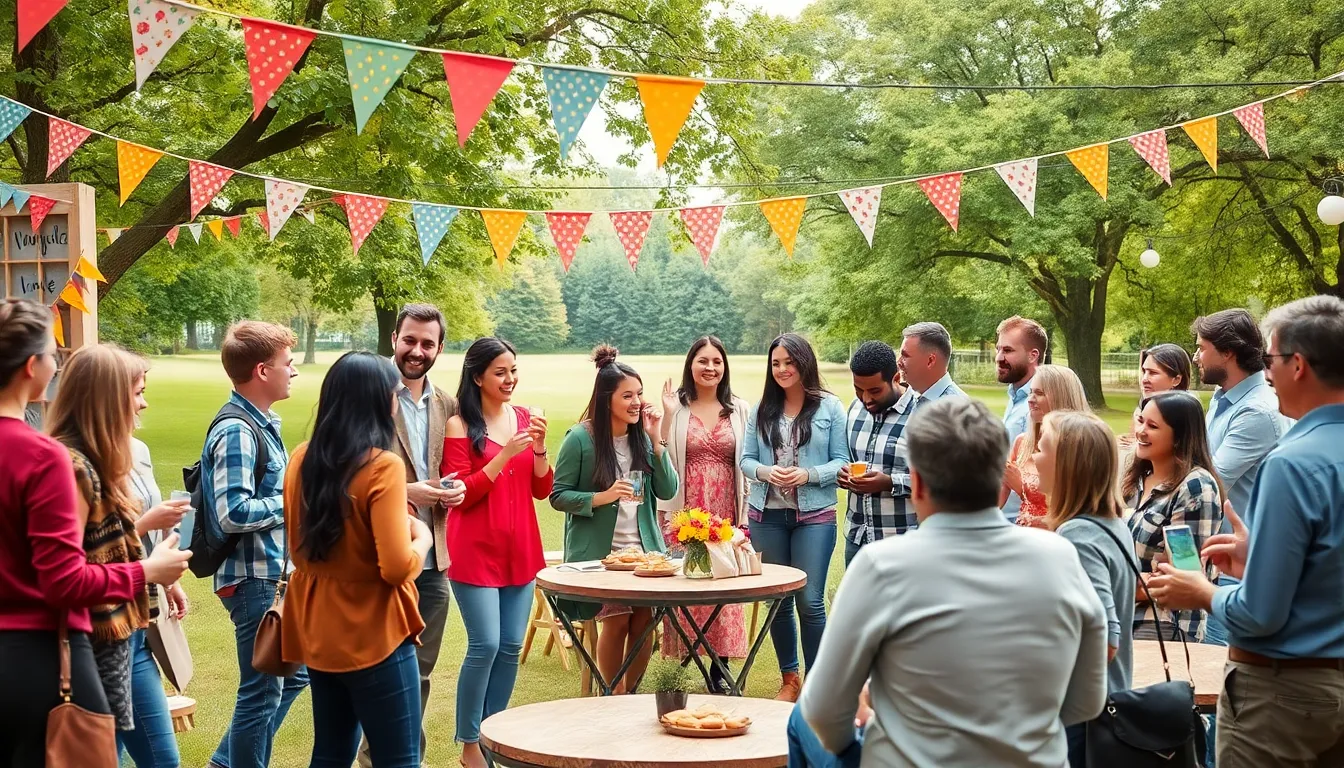 diverse group enjoying a thrifty outdoor event with creative decorations.