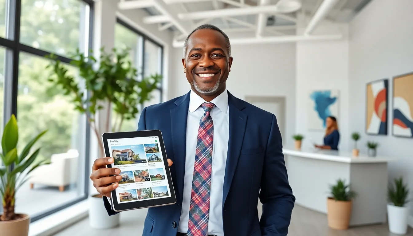 Timothy in a modern real estate office, smiling and showcasing property listings.