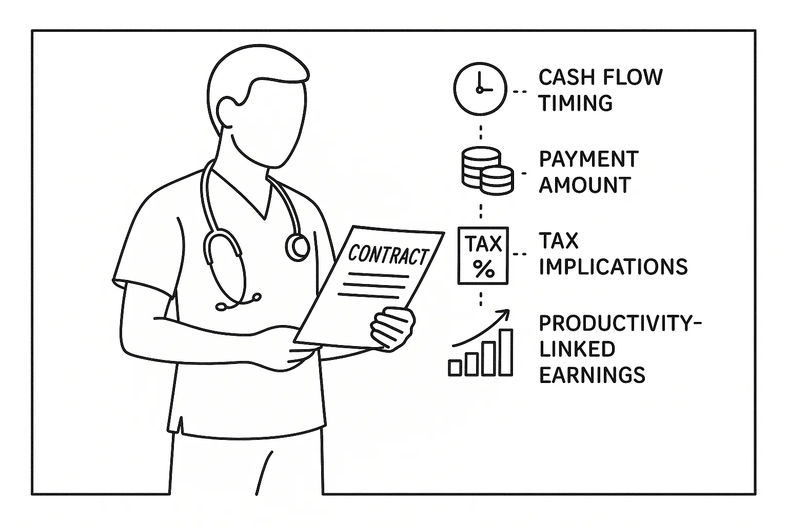 Physician assistant reviewing a contract with icons for timing, pay, tax, productivity.
