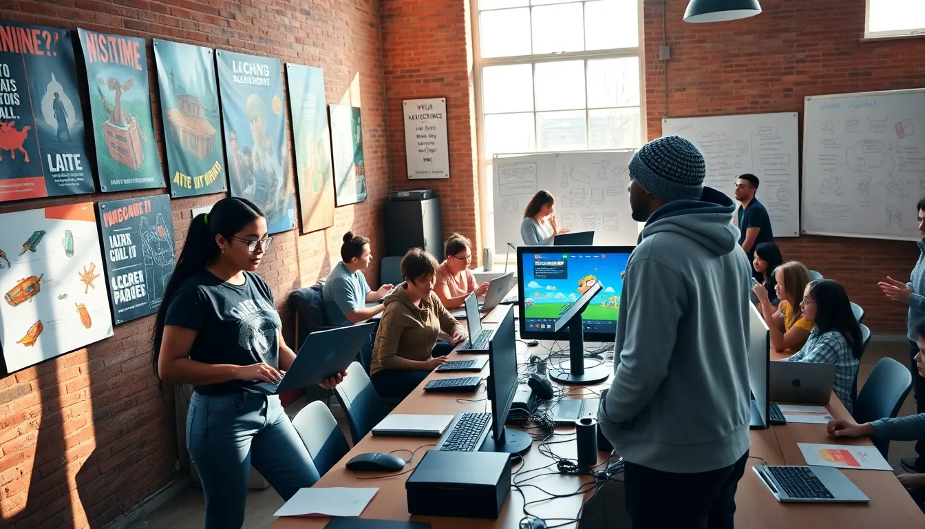 a diverse group of young game developers collaborating in a bright workspace.