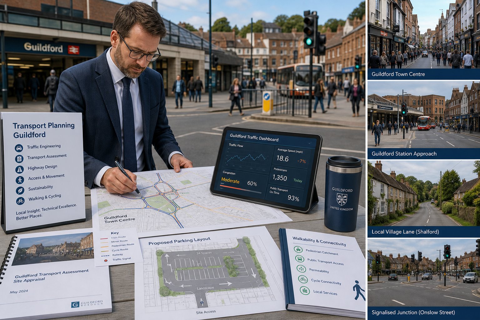 Traffic engineer reviewing local transport data in a Guildford street context.