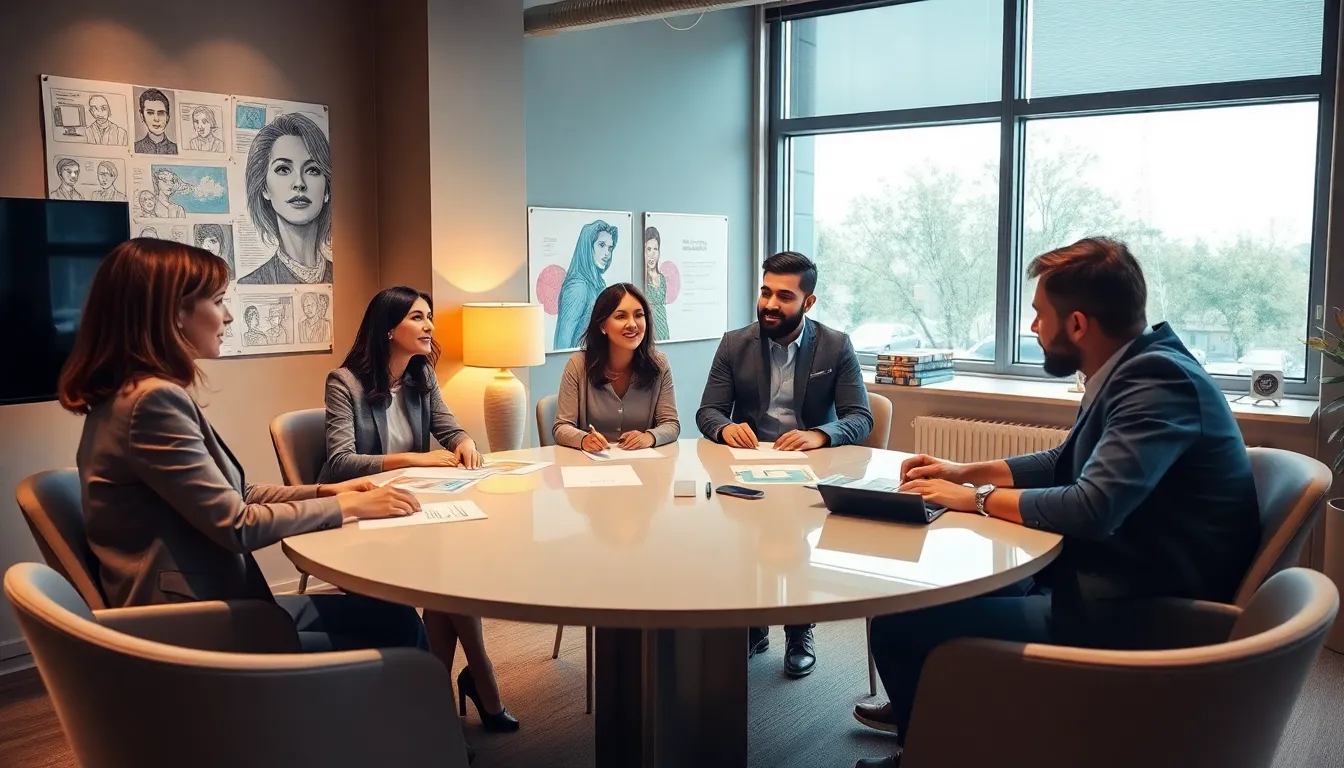 A diverse team collaborating on storytelling in a modern office.