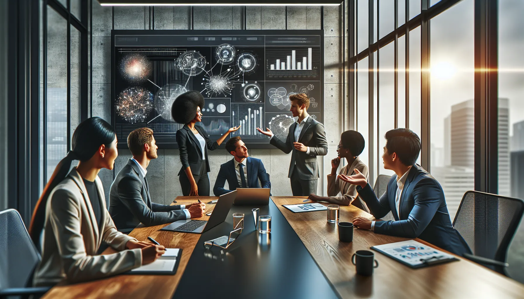 diverse team discussing interconnected ideas in a modern office.