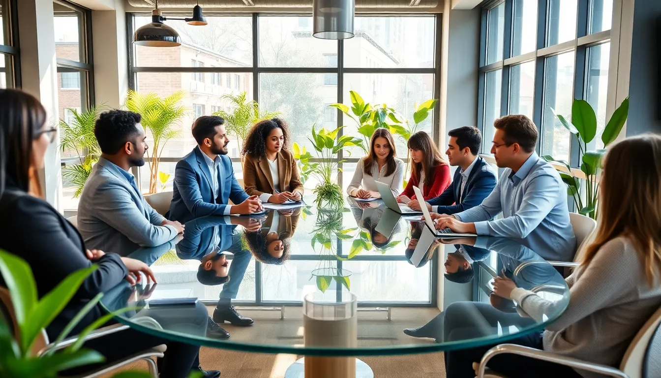 diverse team collaborating in a modern office for work-life balance.