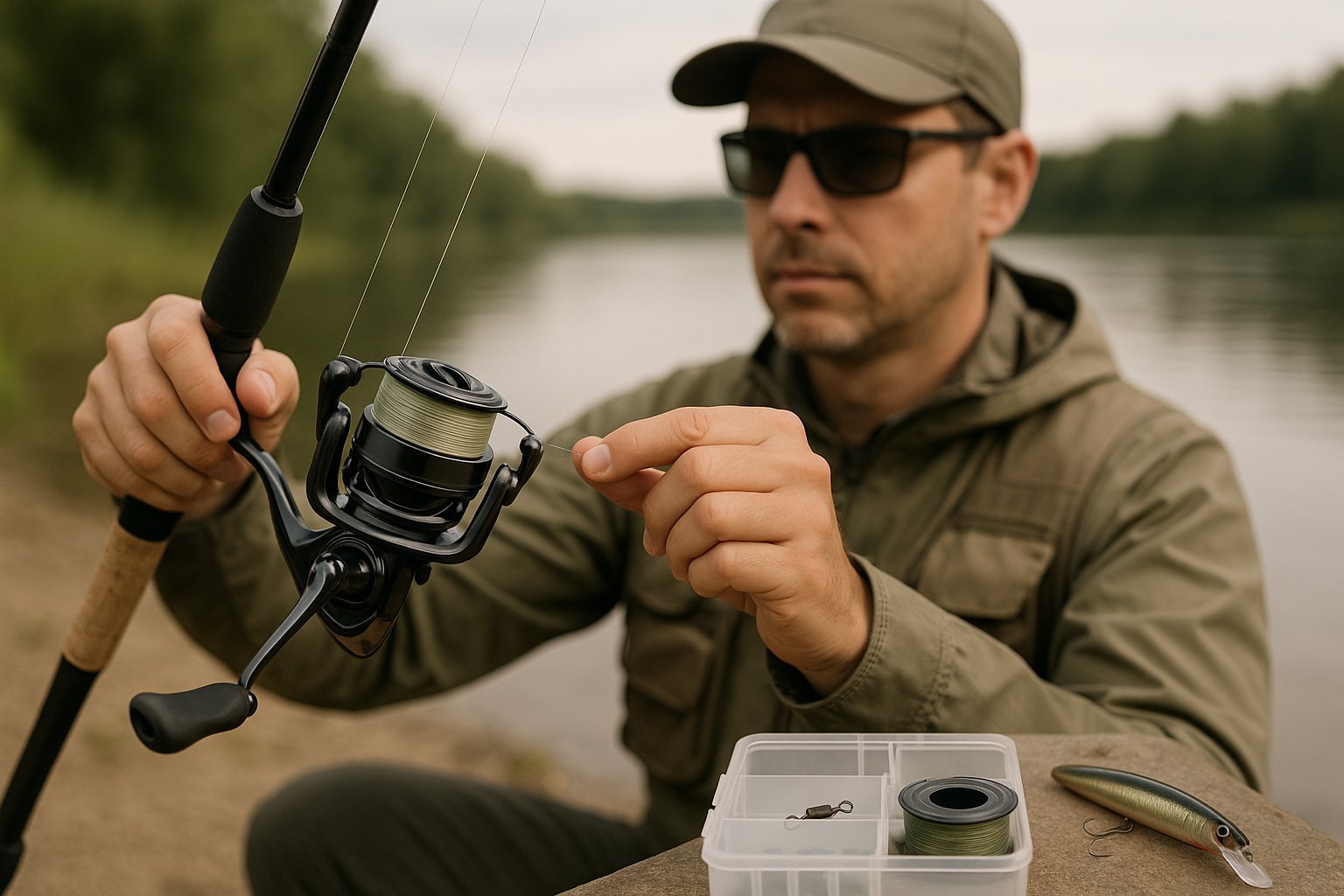 Angler using a spinning reel with neat line on a lakeshore.