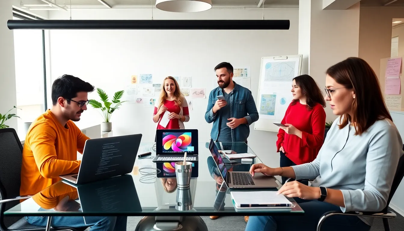 diverse team members collaborating in a modern office setting.