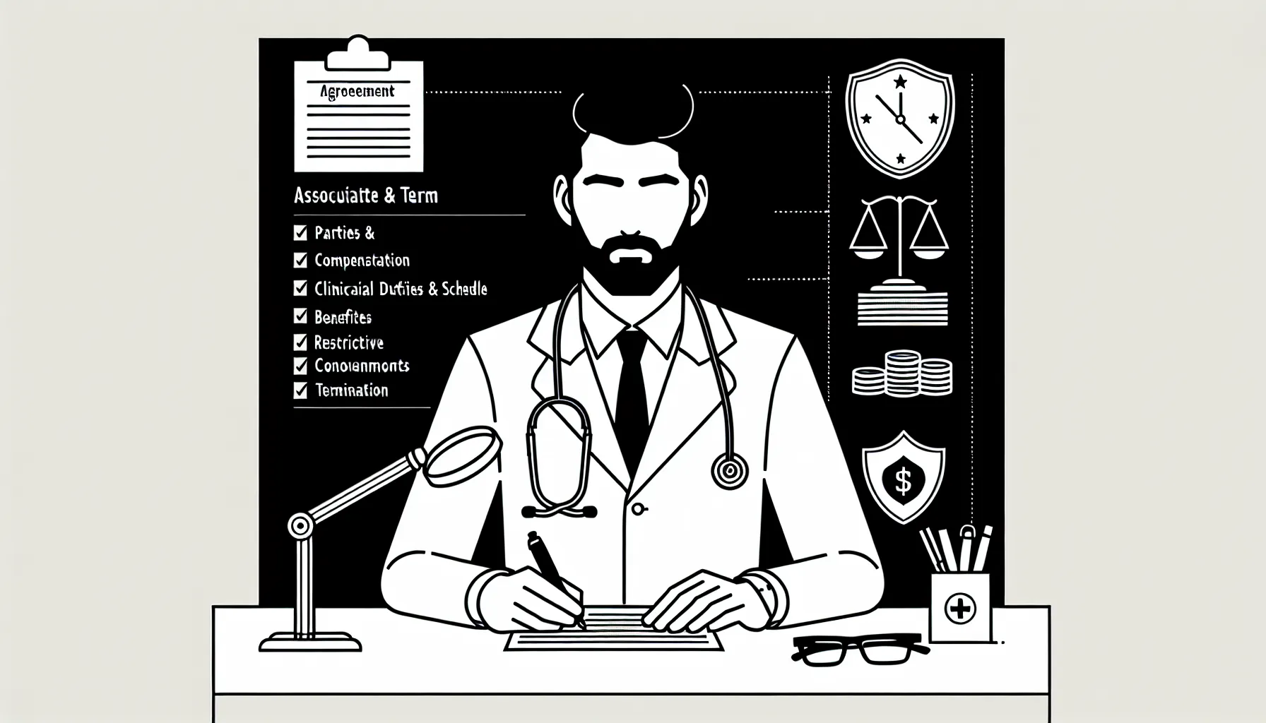 Veterinarian at desk reviewing an associate agreement with a checklist of icons of Mississippi Veterinary Contract Review.