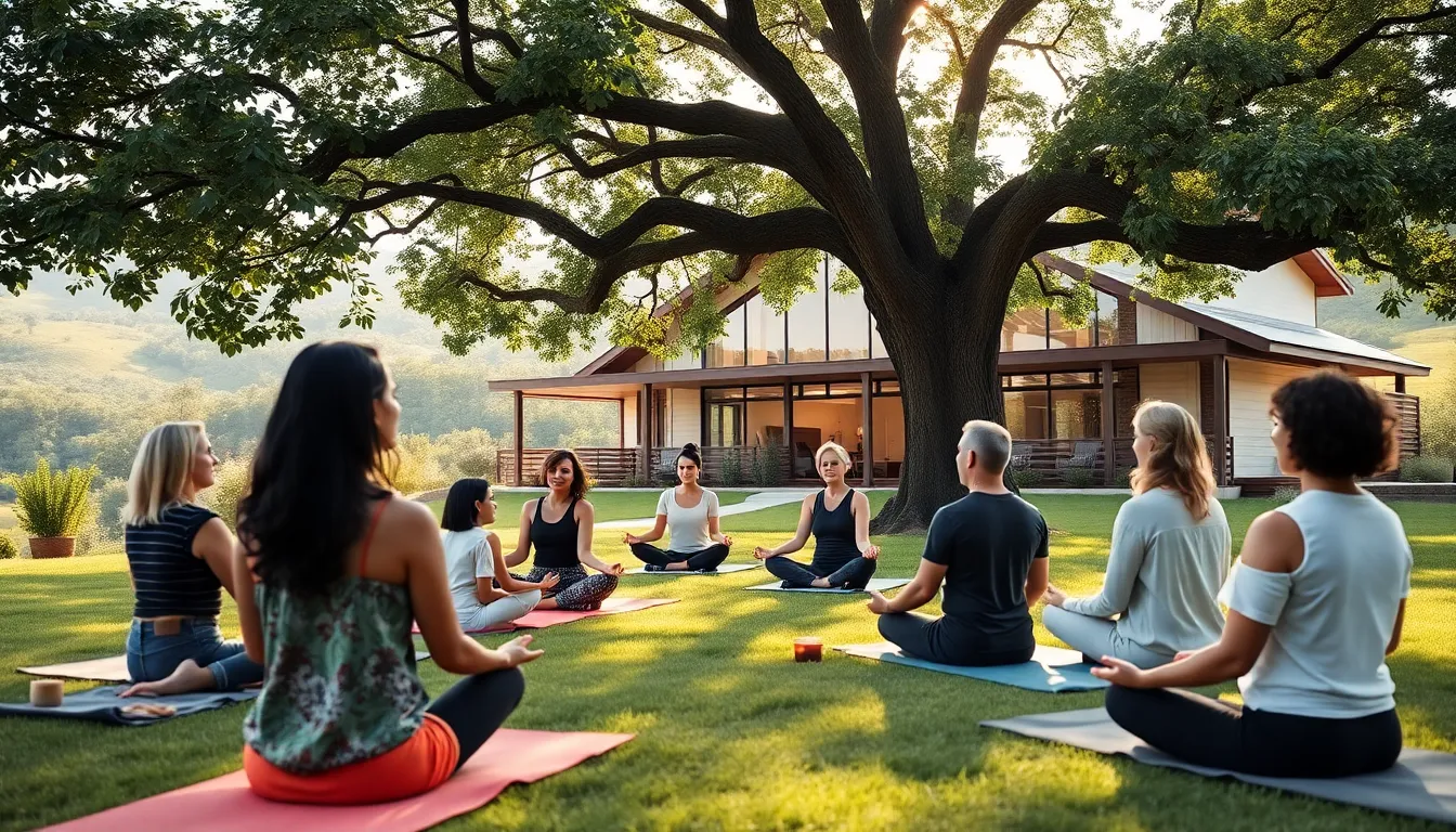 A diverse group practicing mindfulness at a wellness retreat in nature.