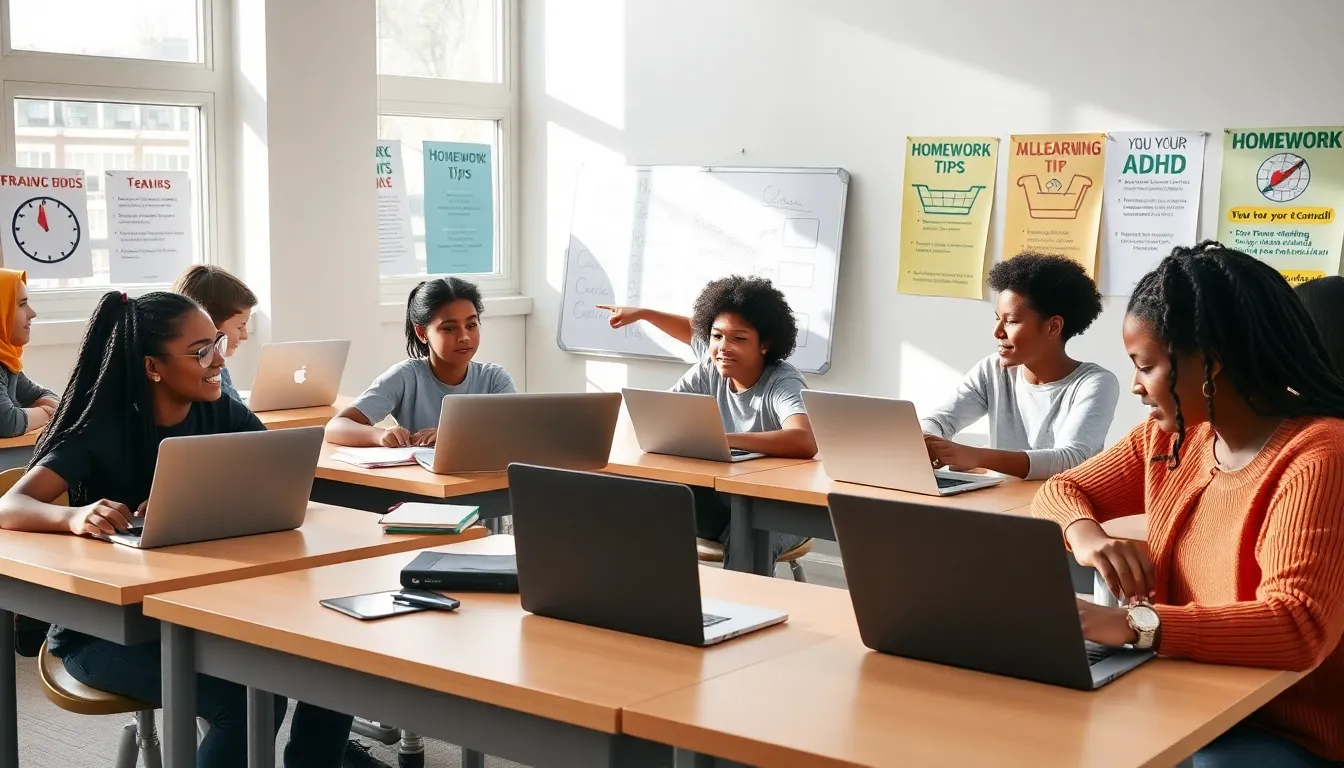 students studying with ADHD strategies in a modern classroom.