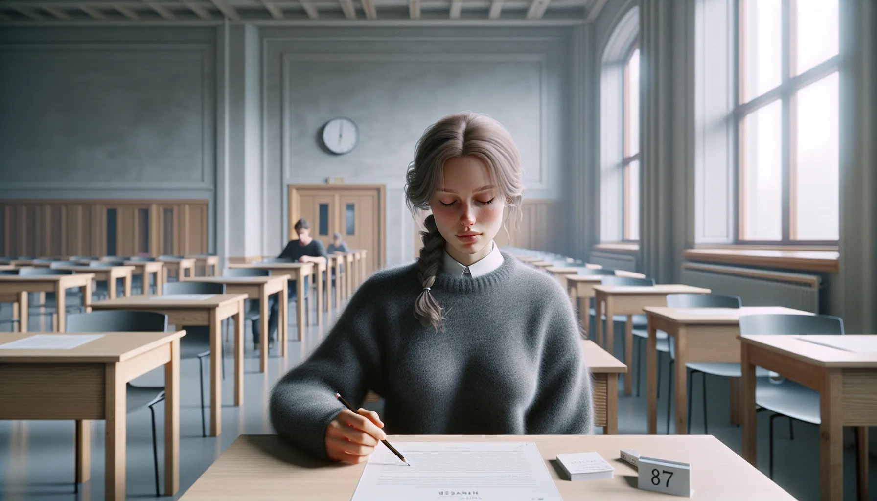 Student calmly visualizes before an exam in a bright norwegian exam hall.