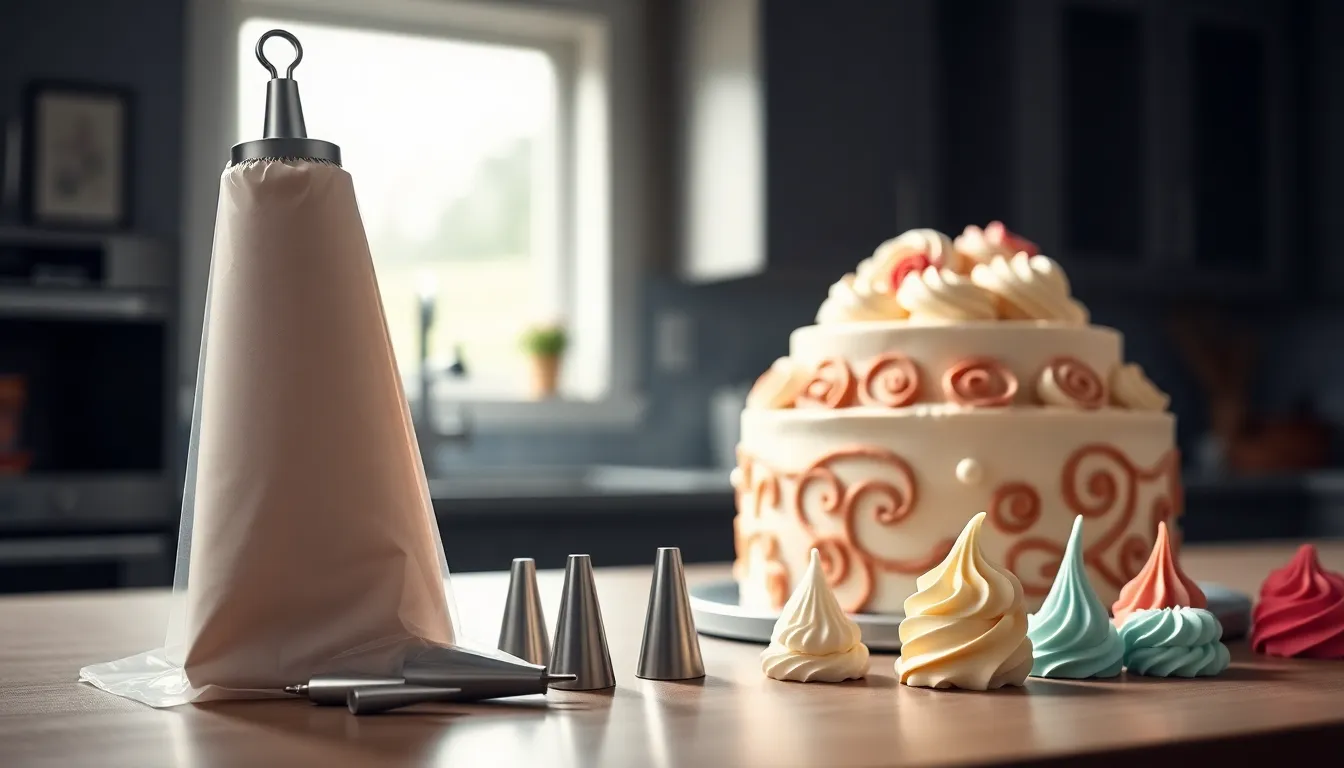 a modern cake decorating setup with Wilton tips and colorful icings.