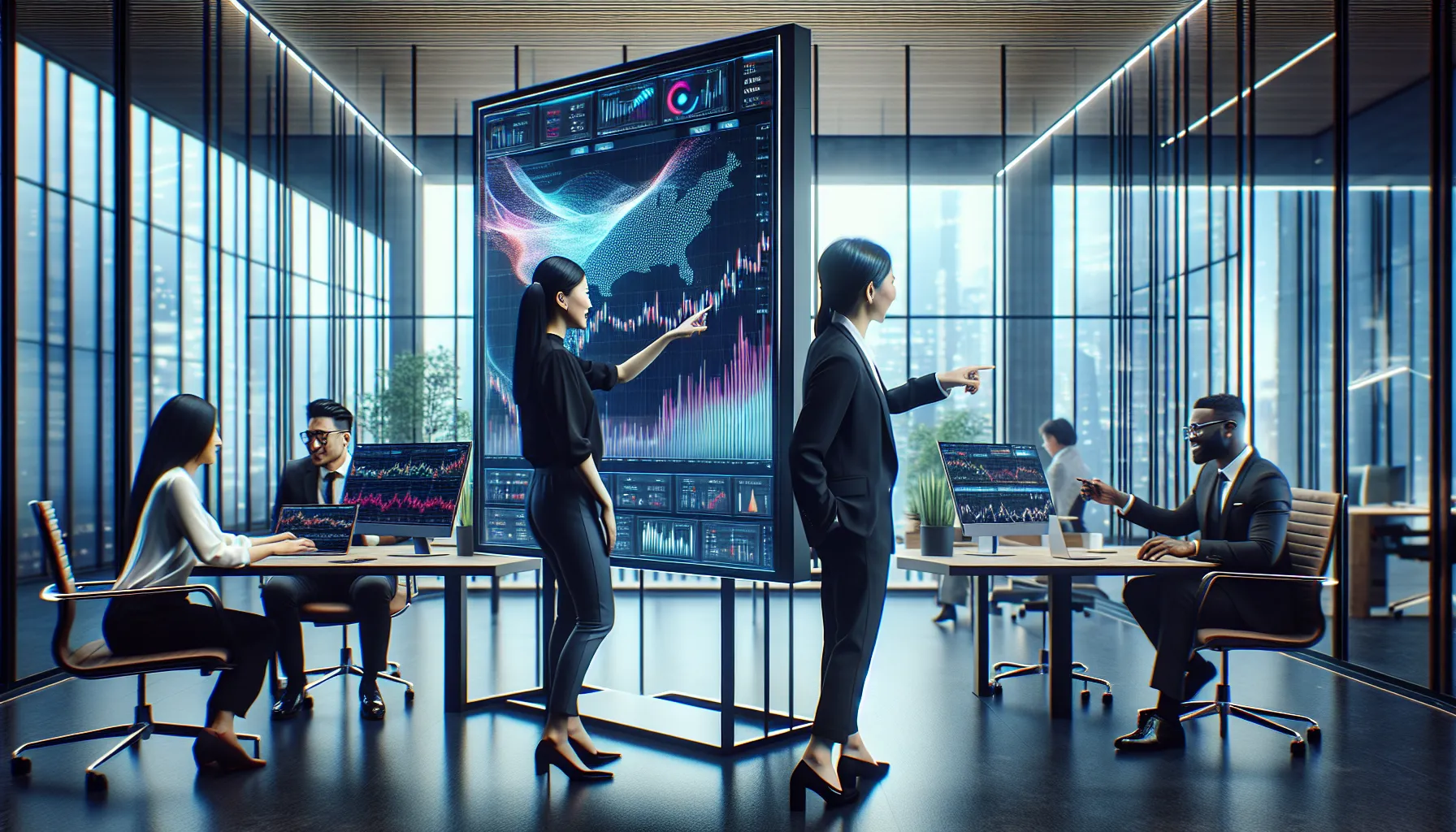 diverse team collaborating on a trading platform in a modern office.