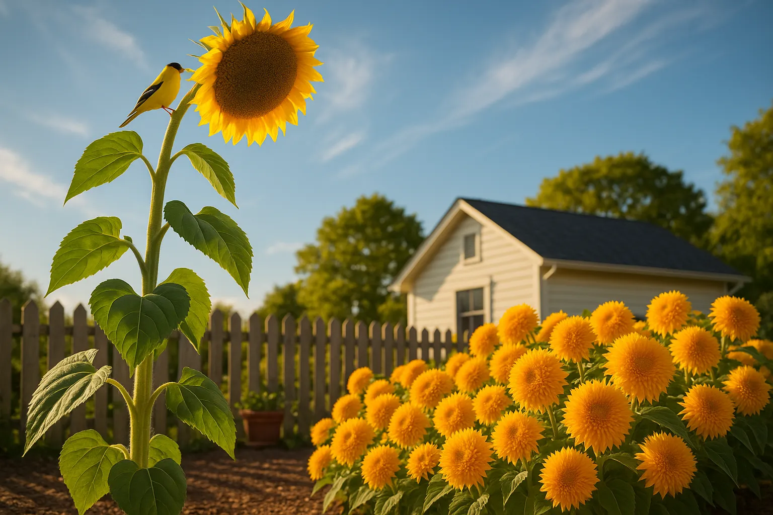 A towering Mammoth sunflower beside a bushy Teddy Bear sunflower in a sunny garden.