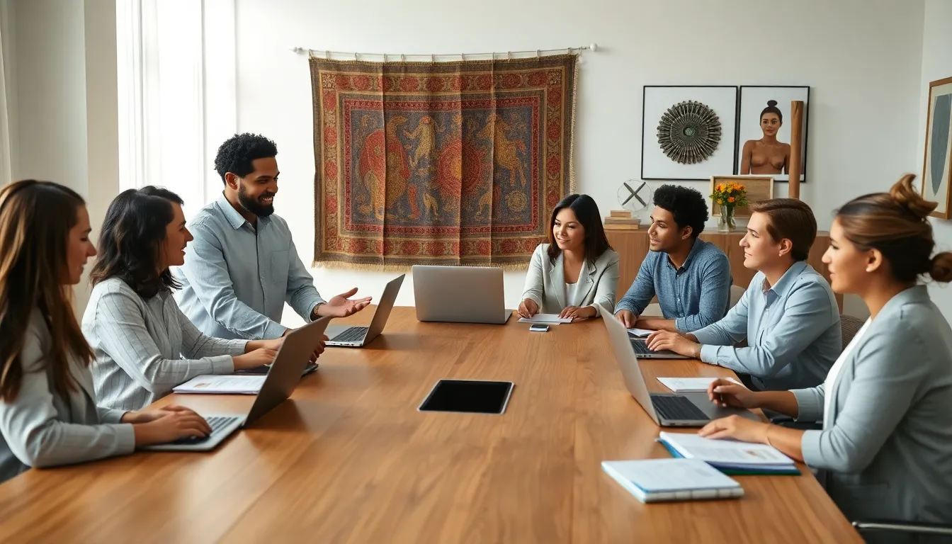 diverse team discussing cultural heritage in a modern office.