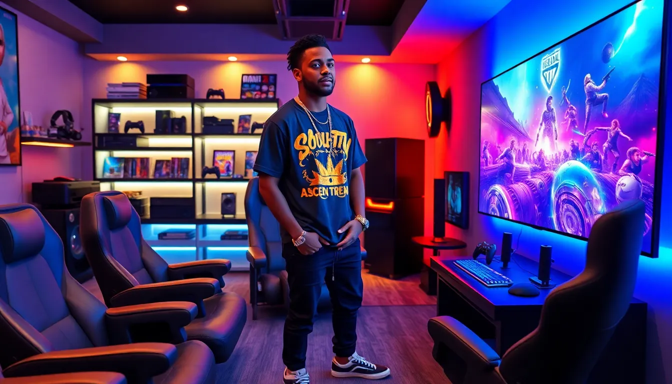 Soulja Boy in a modern gaming room with a high-tech console.