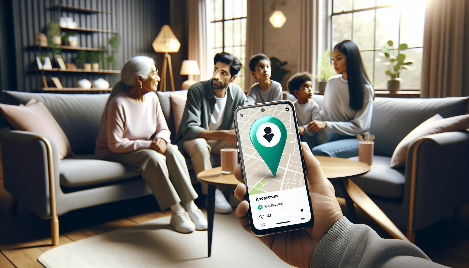 family connecting through the Life360 app in a modern living room.