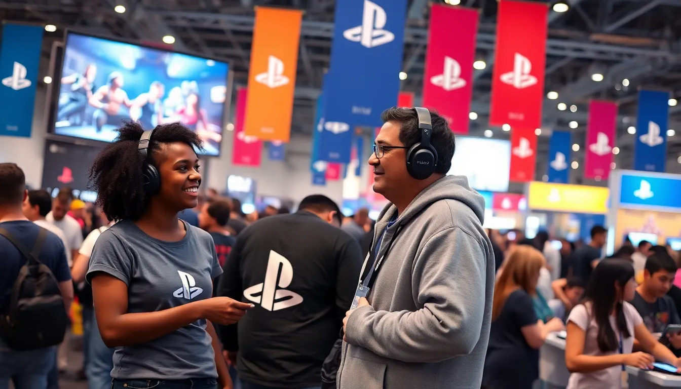 diverse gamers engaging at a PlayStation community event in a convention center.