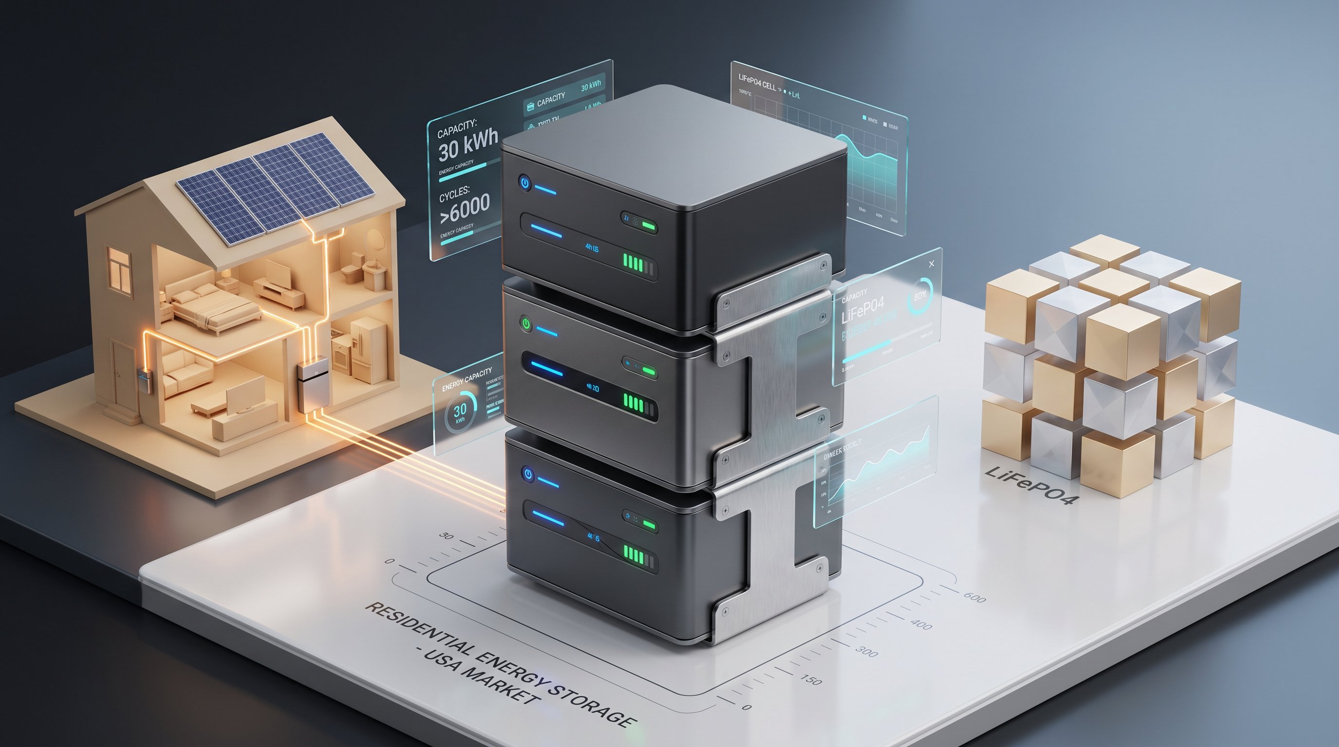 3D render of stacked modular battery storage system with technical interface panels.