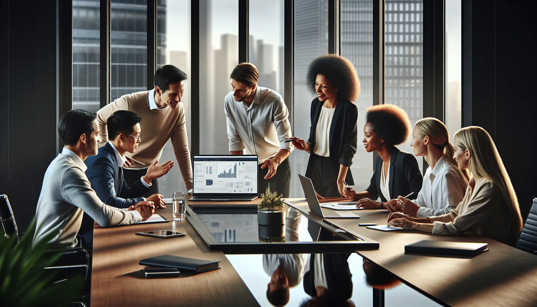 diverse team collaborating on Goh9abd in a modern office.