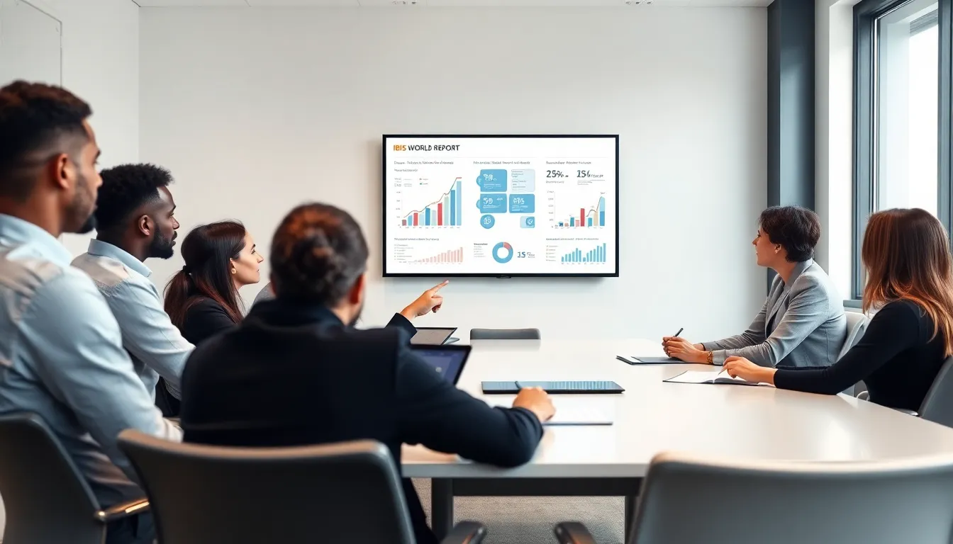 diverse professionals reviewing an Ibis World industry report in a modern office.
