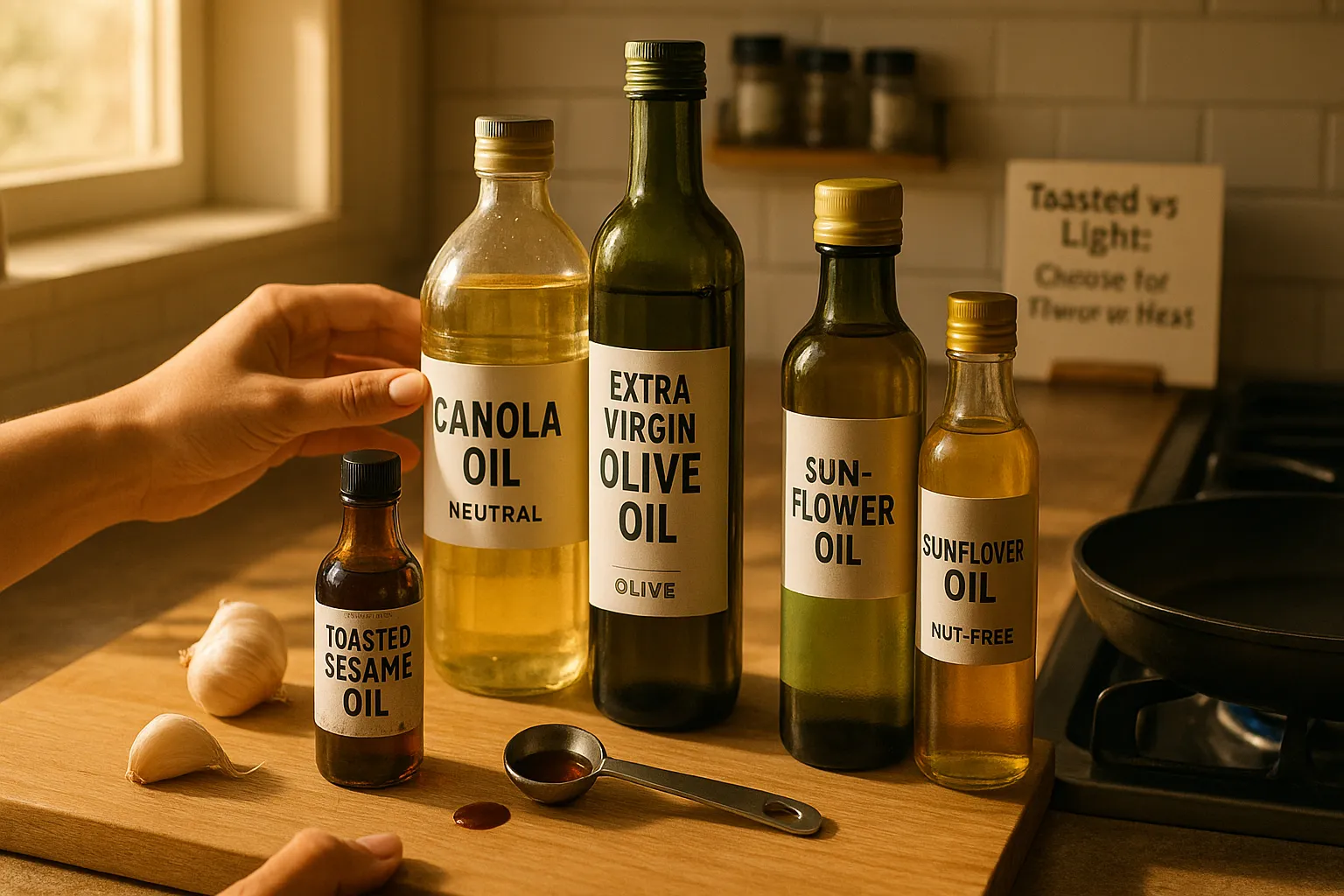 Hands choosing between toasted sesame, canola, avocado, and sunflower oils.