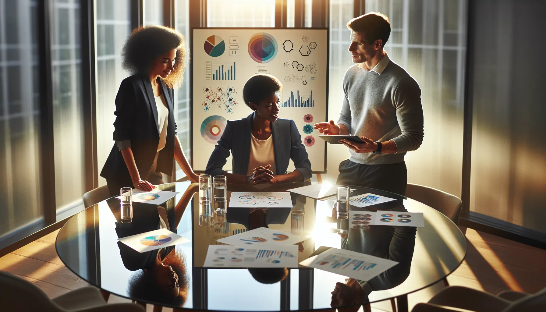 diverse team discussing cultural interpretations of signs in a modern office.
