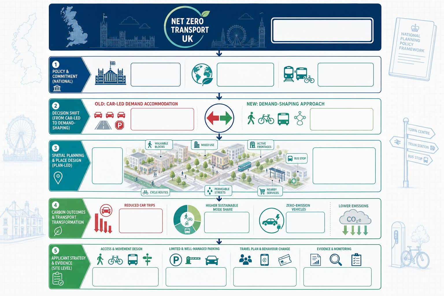 UK infographic showing net zero transport planning from policy to site design.