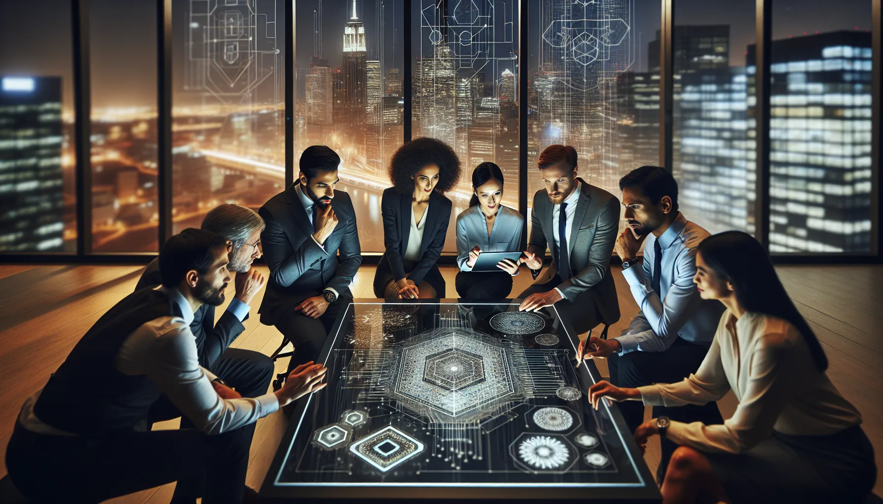 diverse professionals discussing innovations in a modern office.