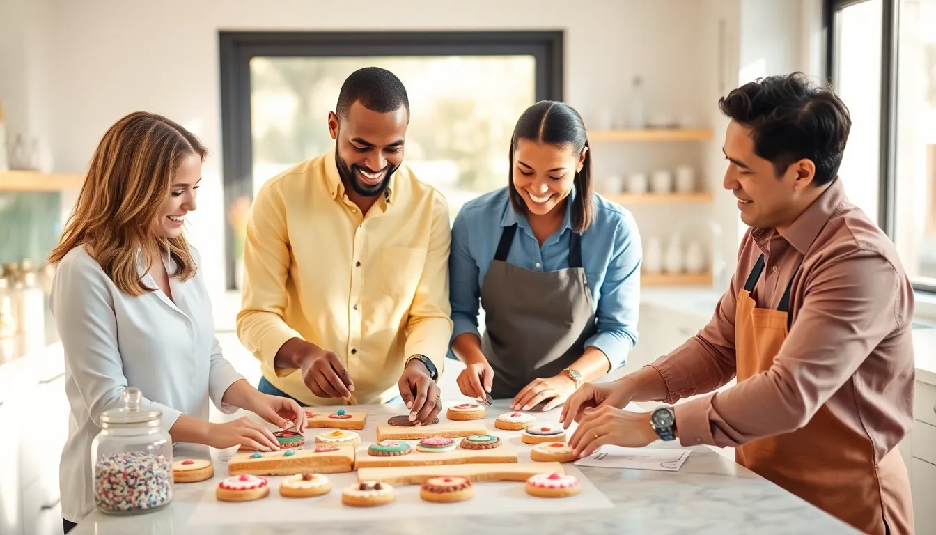 diverse team decorating cookies in a bright kitchen.