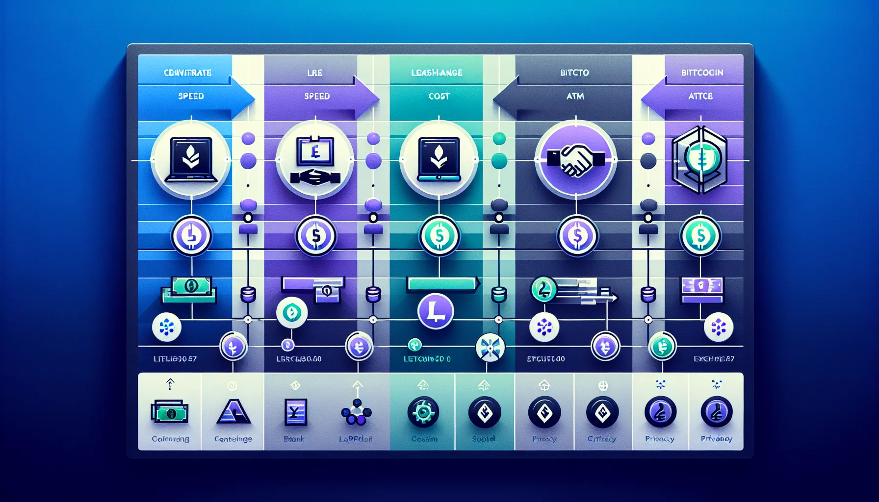 Comparison chart of Litecoin conversion methods including exchanges, P2P, ATMs, and crypto swaps.