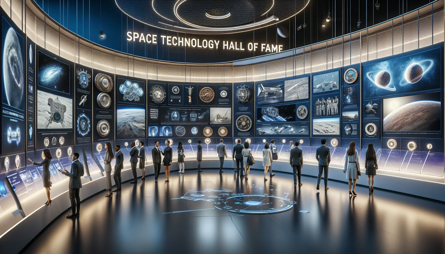 exhibition showcasing innovations in space technology with diverse attendees.